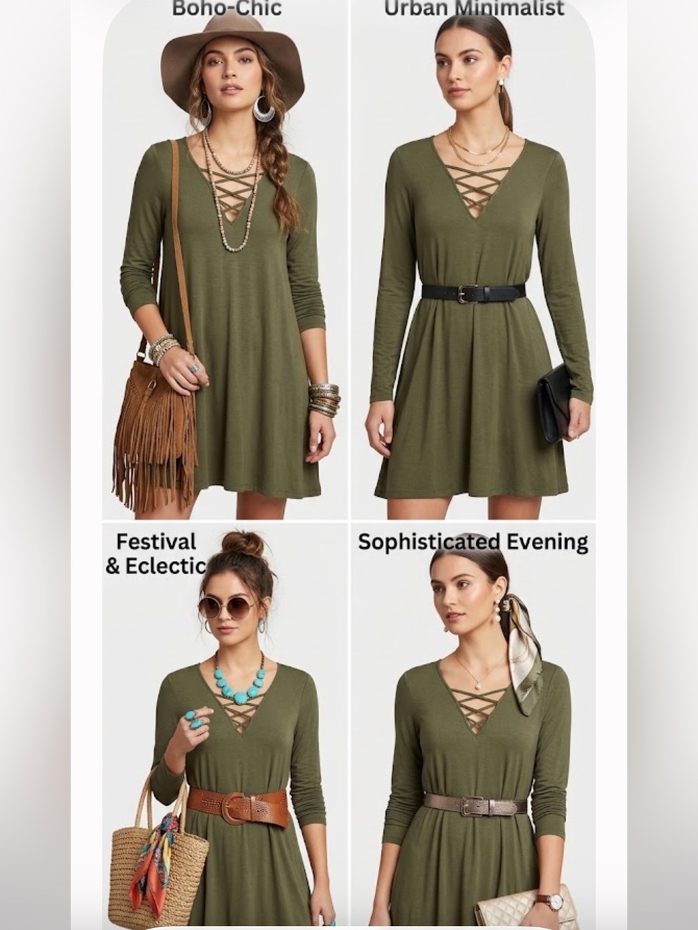 Express Army Green L/S Crisscross V-Neck Swing Tunic Boho Festival Urban Dress